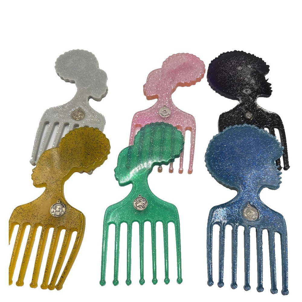 Lot (6) Custom Resin Afro Zodiac Signs Glitter Combs